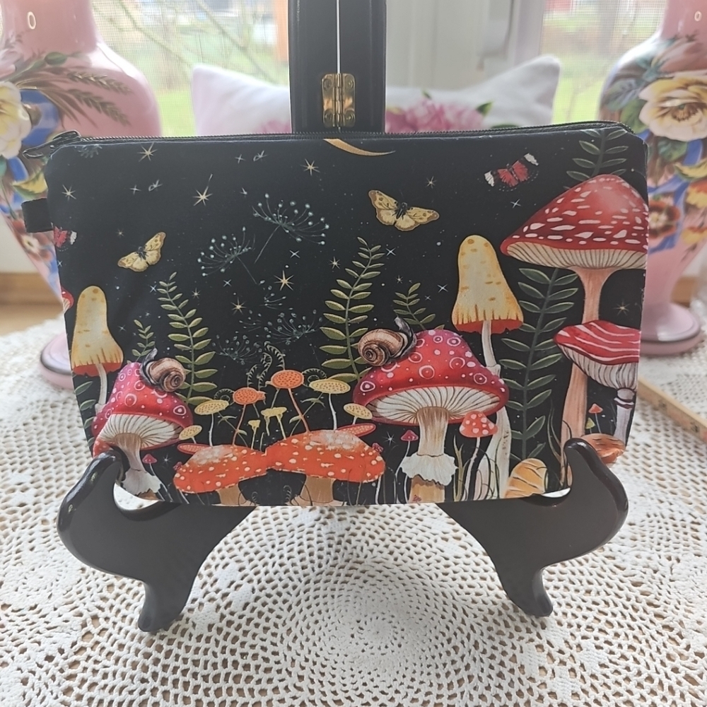 Mushrooms Makeup Bag/Travel Bag, Red With Moths and Snails New